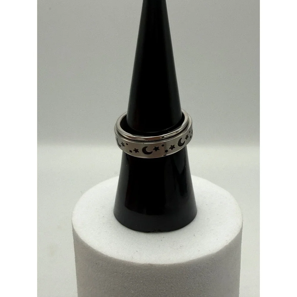 Celestial Moon and Stars Spinner Fidget Ring Silver Tone Stainless Steel Size 6